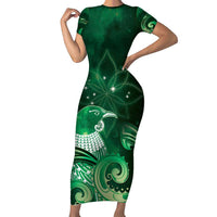 New Zealand Matariki Family Matching Short Sleeve Bodycon Dress and Hawaiian Shirt Maori Tui Bird Green Galaxy DT05 Mom's Dress Green - Polynesian Pride