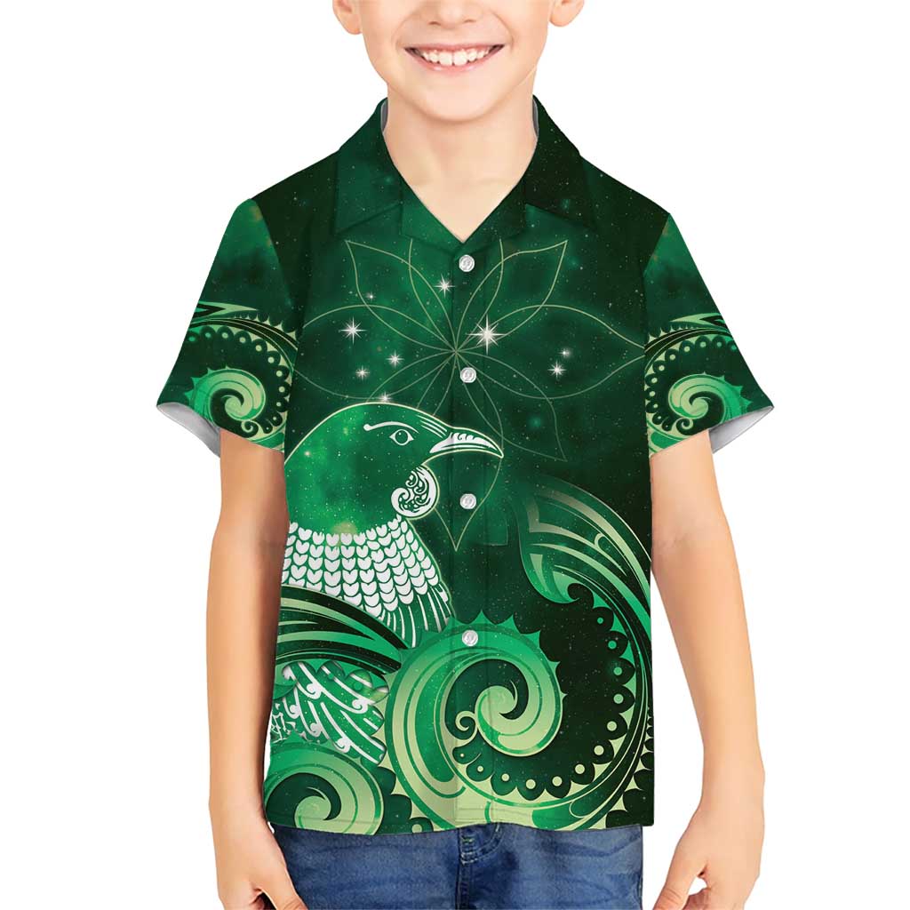 New Zealand Matariki Family Matching Short Sleeve Bodycon Dress and Hawaiian Shirt Maori Tui Bird Green Galaxy DT05 Son's Shirt Green - Polynesian Pride