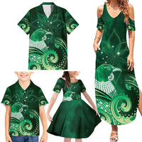 New Zealand Matariki Family Matching Summer Maxi Dress and Hawaiian Shirt Maori Tui Bird Green Galaxy DT05 - Polynesian Pride