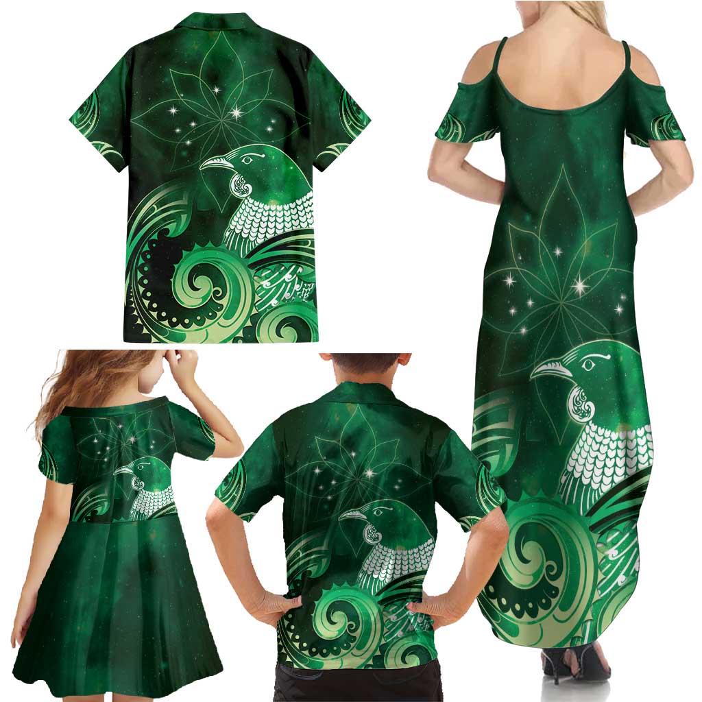 New Zealand Matariki Family Matching Summer Maxi Dress and Hawaiian Shirt Maori Tui Bird Green Galaxy DT05 - Polynesian Pride