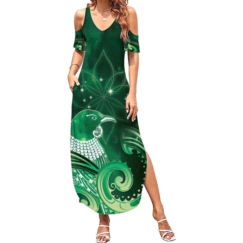 New Zealand Matariki Family Matching Summer Maxi Dress and Hawaiian Shirt Maori Tui Bird Green Galaxy DT05 Mom's Dress Green - Polynesian Pride