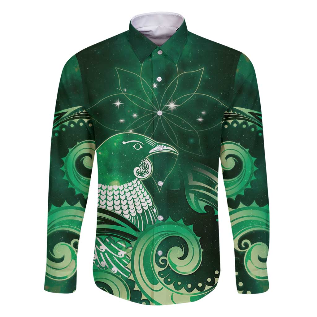 New Zealand Matariki Family Matching Tank Maxi Dress and Hawaiian Shirt Maori Tui Bird Green Galaxy DT05 Dad's Shirt - Long Sleeve Green - Polynesian Pride