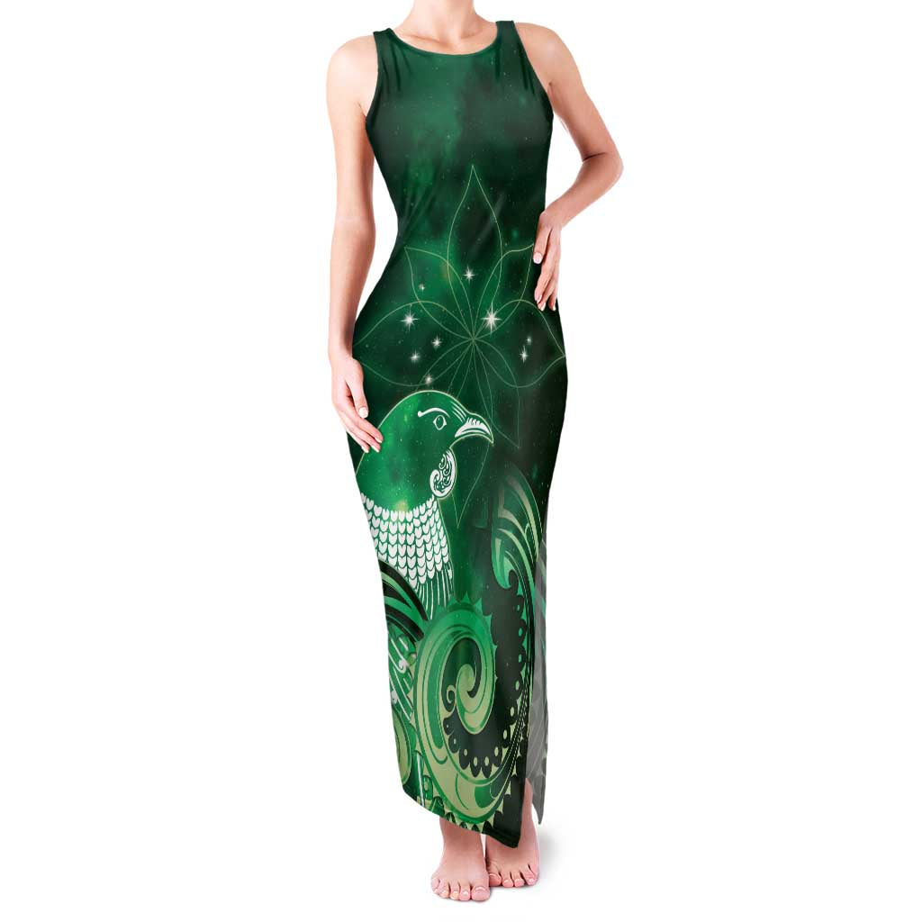 New Zealand Matariki Family Matching Tank Maxi Dress and Hawaiian Shirt Maori Tui Bird Green Galaxy DT05 Mom's Dress Green - Polynesian Pride