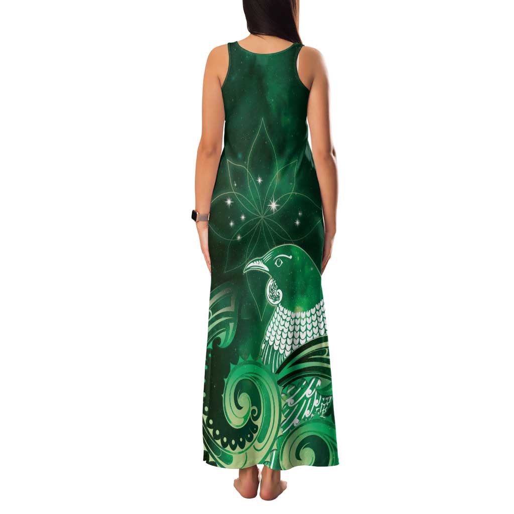 New Zealand Matariki Family Matching Tank Maxi Dress and Hawaiian Shirt Maori Tui Bird Green Galaxy DT05 - Polynesian Pride