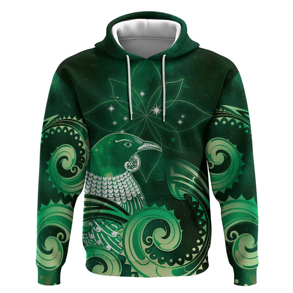 New Zealand Matariki Hoodie Maori Tui Bird Green Galaxy DT05 Pullover Hoodie Green - Polynesian Pride
