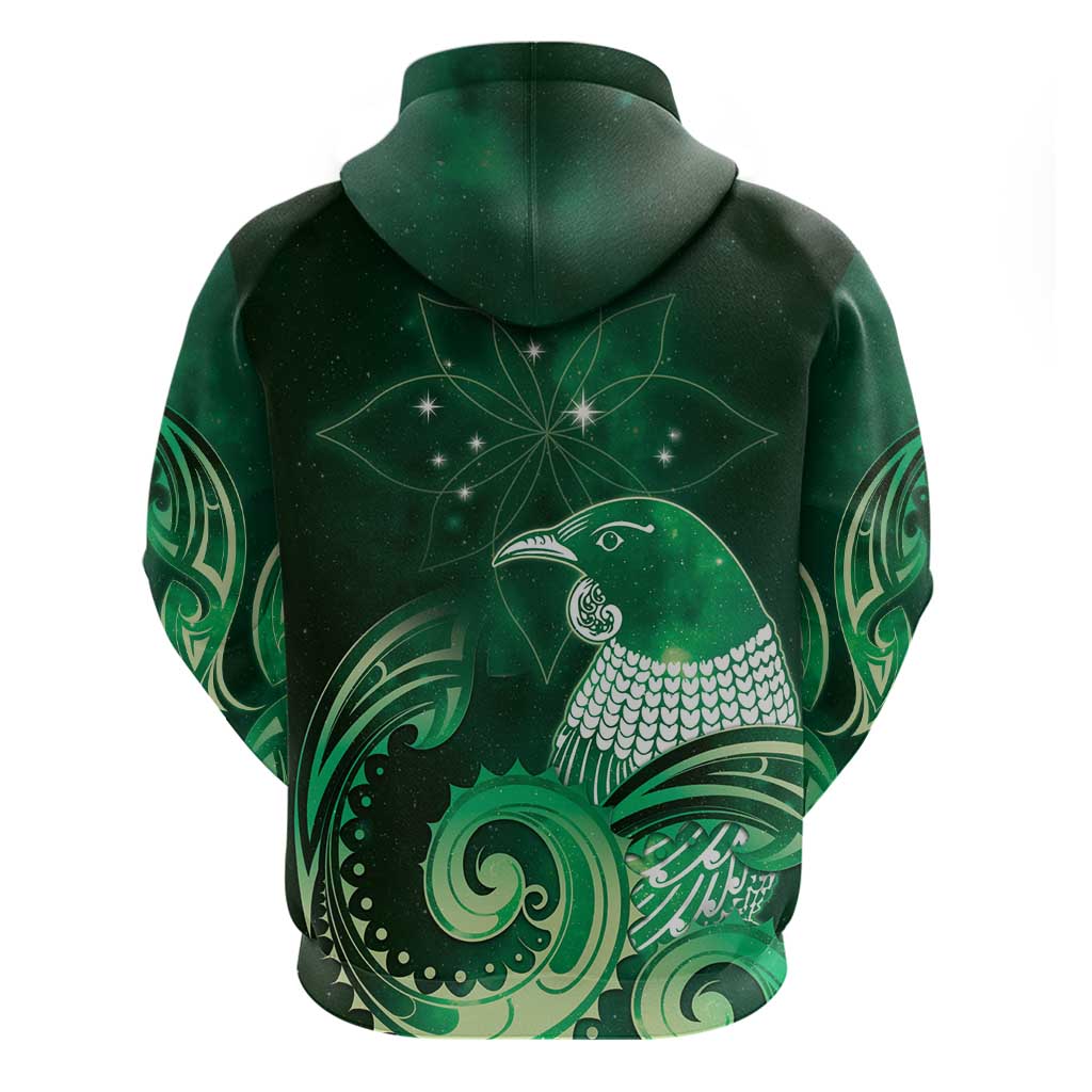 New Zealand Matariki Hoodie Maori Tui Bird Green Galaxy DT05 - Polynesian Pride