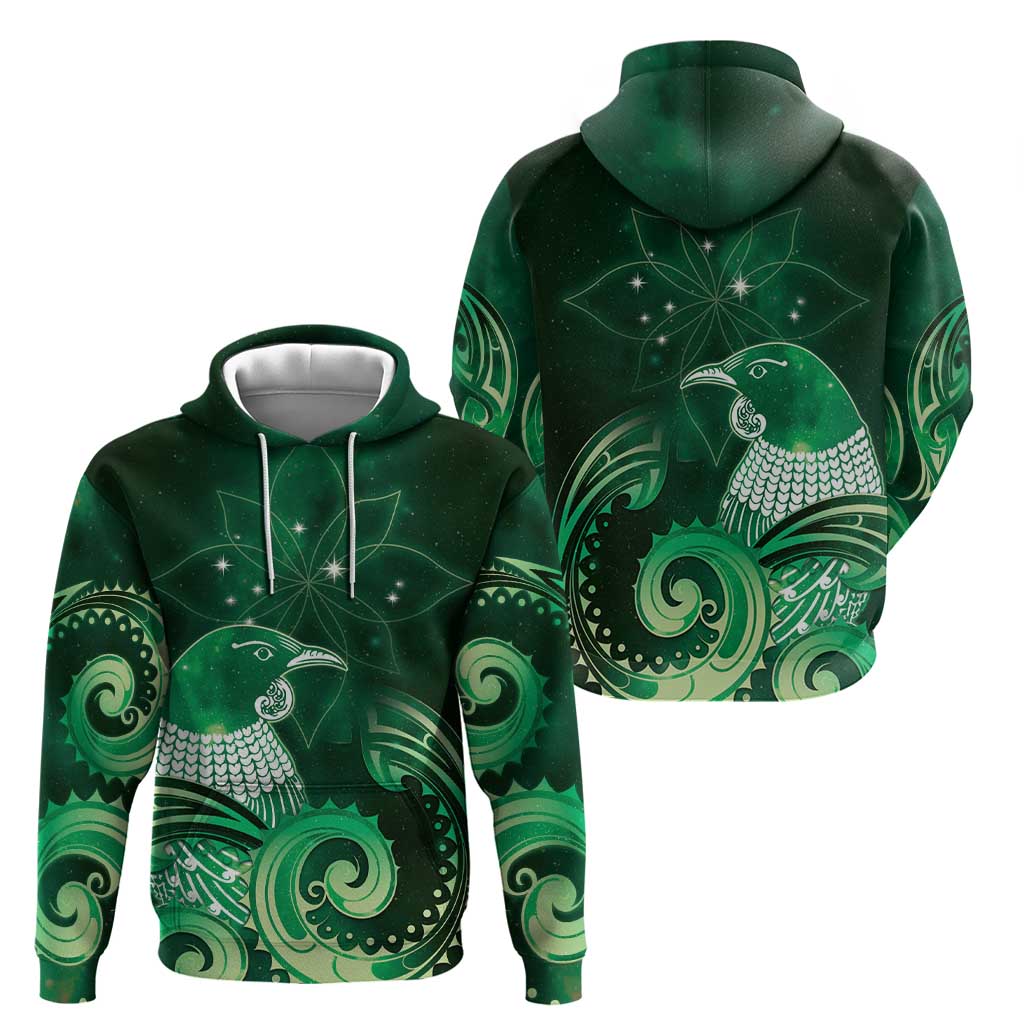 New Zealand Matariki Hoodie Maori Tui Bird Green Galaxy DT05 - Polynesian Pride