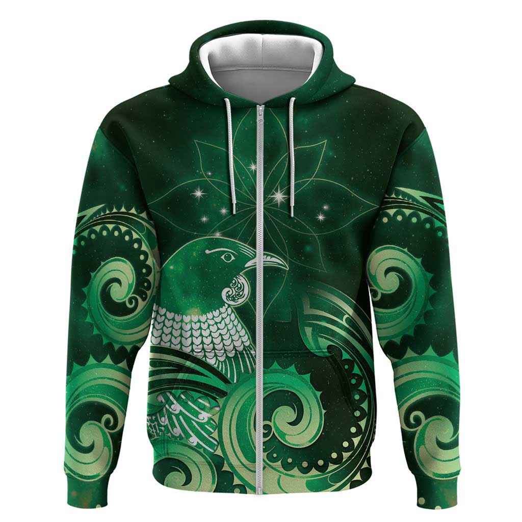 New Zealand Matariki Hoodie Maori Tui Bird Green Galaxy DT05 Zip Hoodie Green - Polynesian Pride