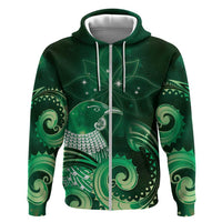New Zealand Matariki Hoodie Maori Tui Bird Green Galaxy DT05 Zip Hoodie Green - Polynesian Pride