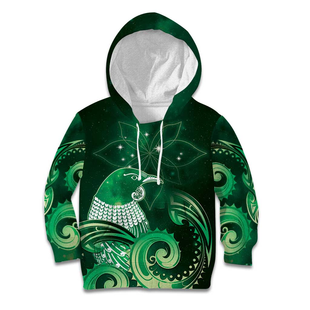 New Zealand Matariki Kid Hoodie Maori Tui Bird Green Galaxy DT05 Hoodie Green - Polynesian Pride