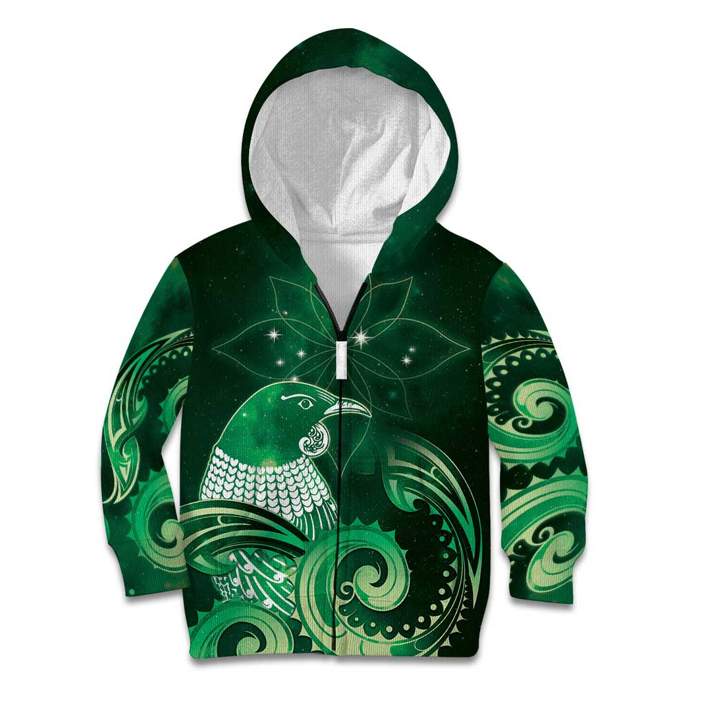 New Zealand Matariki Kid Hoodie Maori Tui Bird Green Galaxy DT05 Zip Hoodie Green - Polynesian Pride