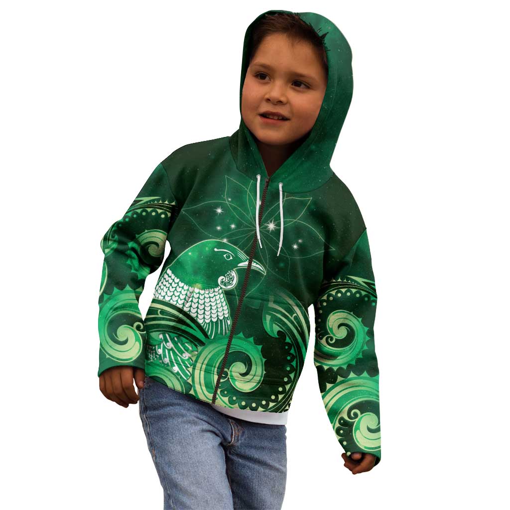 New Zealand Matariki Kid Hoodie Maori Tui Bird Green Galaxy DT05 - Polynesian Pride