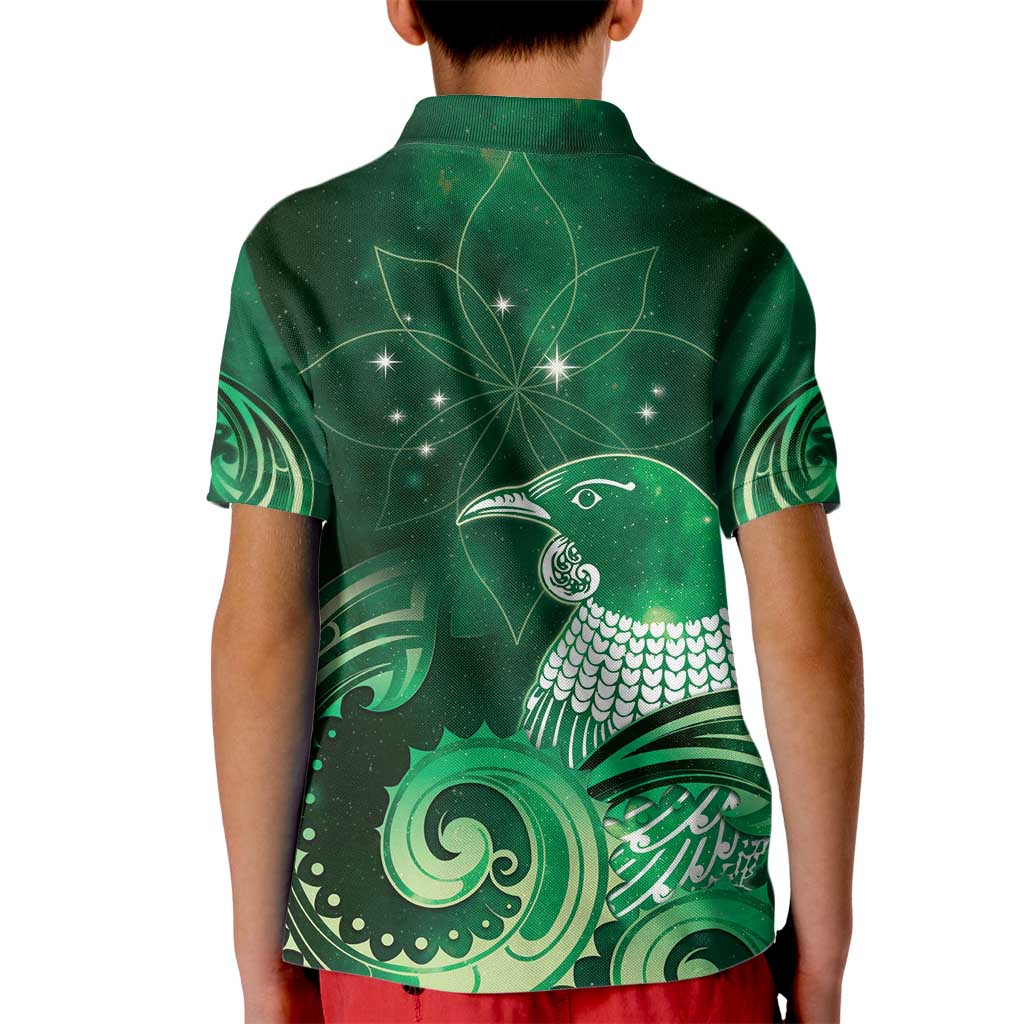 New Zealand Matariki Kid Polo Shirt Maori Tui Bird Green Galaxy DT05 - Polynesian Pride