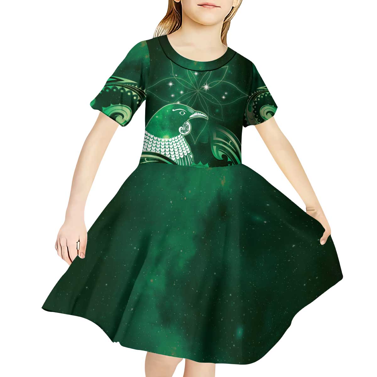 New Zealand Matariki Kid Short Sleeve Dress Maori Tui Bird Green Galaxy DT05 - Polynesian Pride