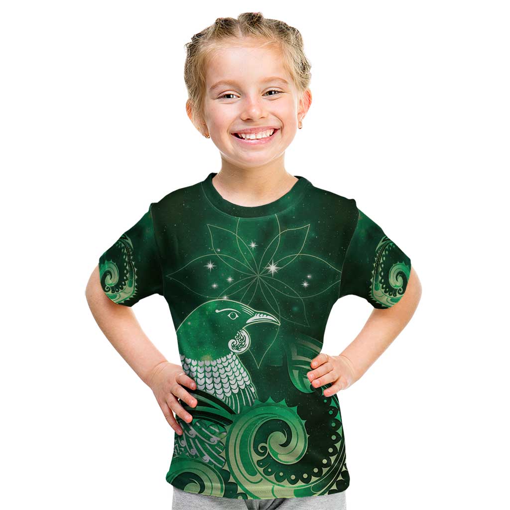 New Zealand Matariki Kid T Shirt Maori Tui Bird Green Galaxy DT05 Green - Polynesian Pride
