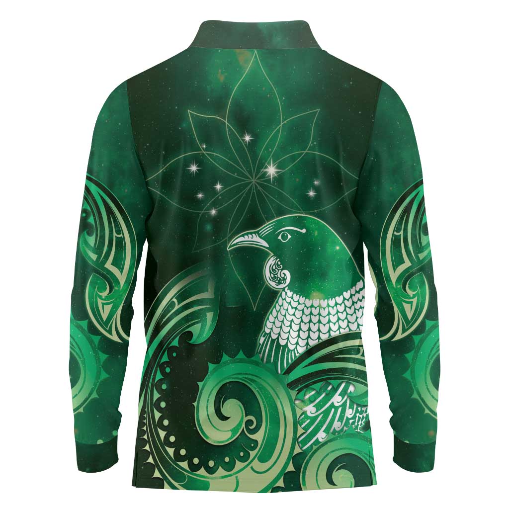 New Zealand Matariki Long Sleeve Polo Shirt Maori Tui Bird Green Galaxy DT05 - Polynesian Pride