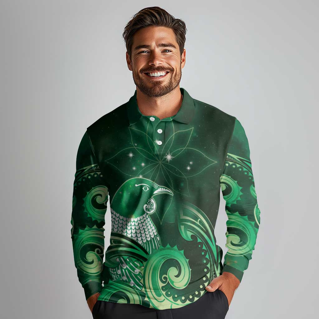 New Zealand Matariki Long Sleeve Polo Shirt Maori Tui Bird Green Galaxy DT05 - Polynesian Pride