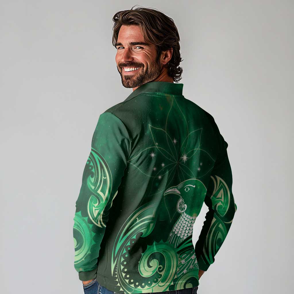 New Zealand Matariki Long Sleeve Polo Shirt Maori Tui Bird Green Galaxy DT05 - Polynesian Pride