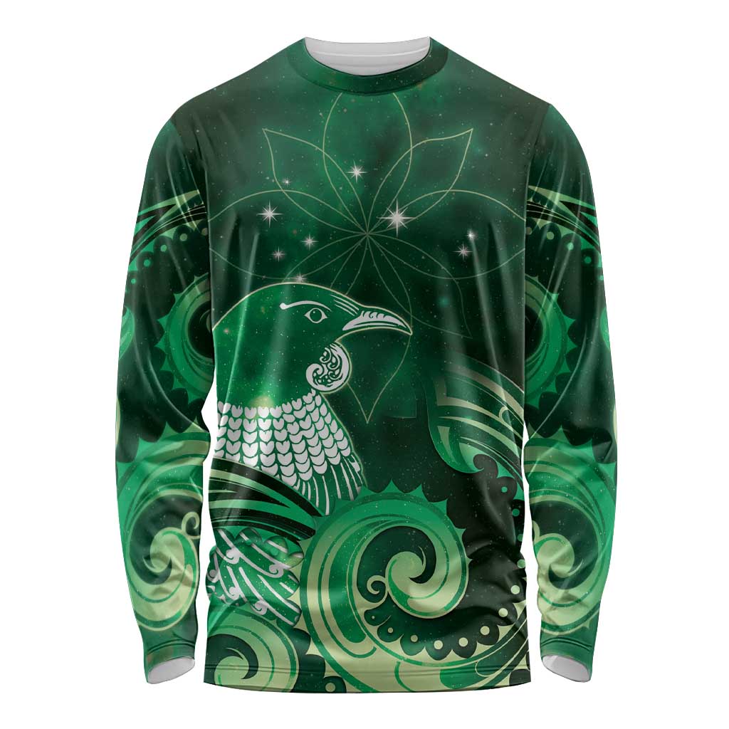 New Zealand Matariki Long Sleeve Shirt Maori Tui Bird Green Galaxy DT05 Unisex Green - Polynesian Pride