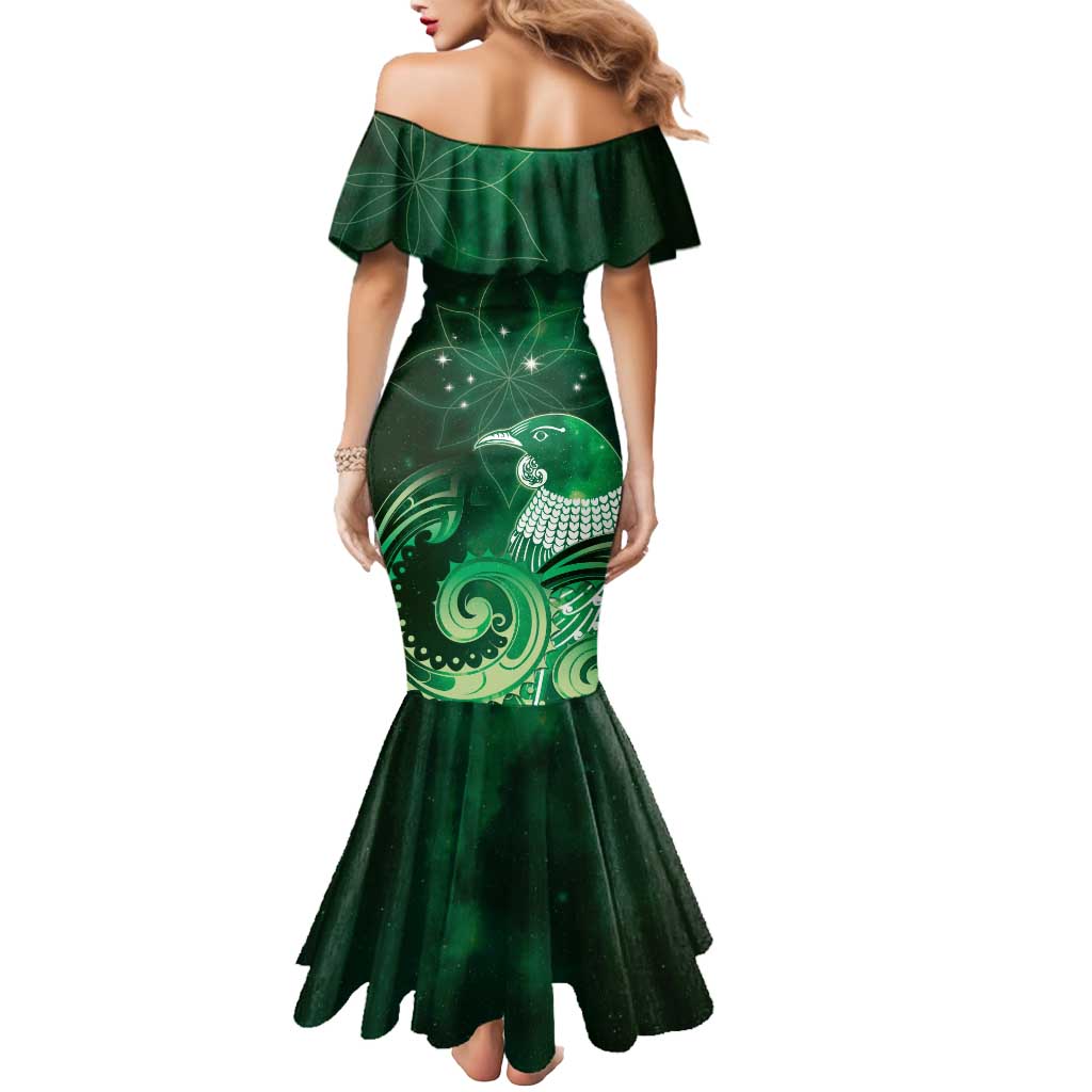 New Zealand Matariki Mermaid Dress Maori Tui Bird Green Galaxy DT05 - Polynesian Pride