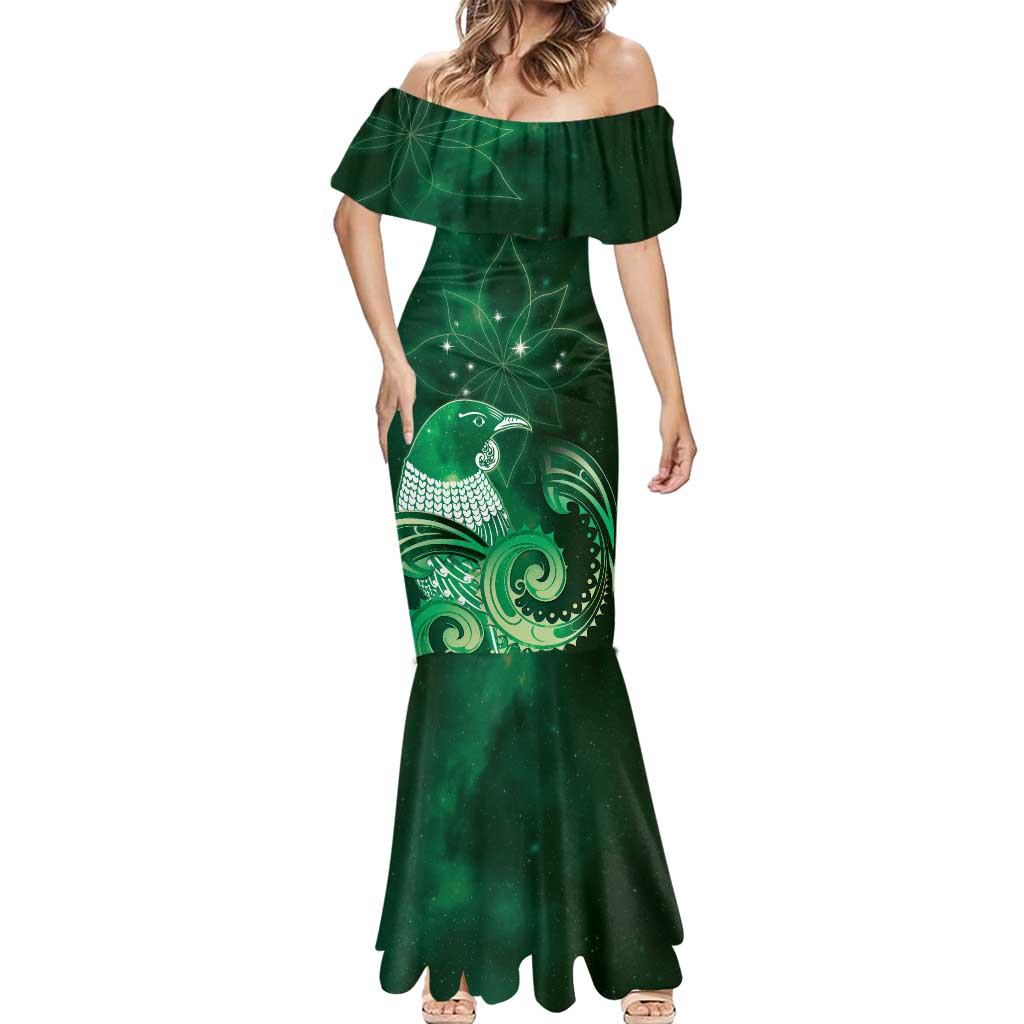 New Zealand Matariki Mermaid Dress Maori Tui Bird Green Galaxy DT05 - Polynesian Pride