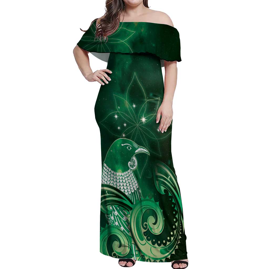 New Zealand Matariki Off Shoulder Maxi Dress Maori Tui Bird Green Galaxy DT05 Women Green - Polynesian Pride
