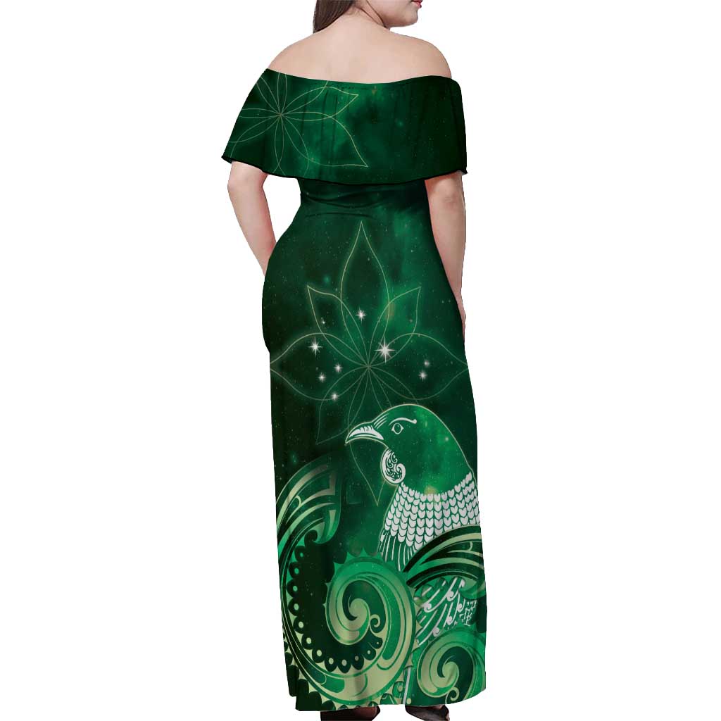 New Zealand Matariki Off Shoulder Maxi Dress Maori Tui Bird Green Galaxy DT05 - Polynesian Pride