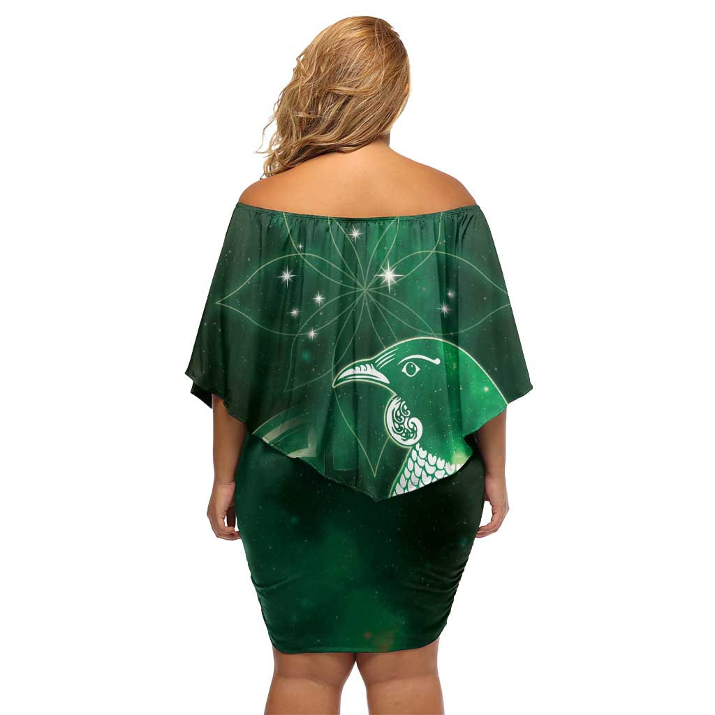 New Zealand Matariki Off Shoulder Short Dress Maori Tui Bird Green Galaxy DT05 - Polynesian Pride