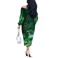 New Zealand Matariki Off The Shoulder Long Sleeve Dress Maori Tui Bird Green Galaxy DT05 - Polynesian Pride