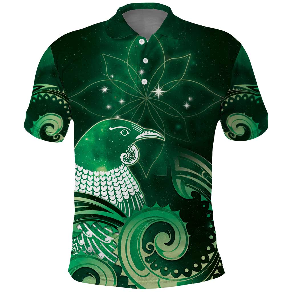 New Zealand Matariki Polo Shirt Maori Tui Bird Green Galaxy DT05 Green - Polynesian Pride