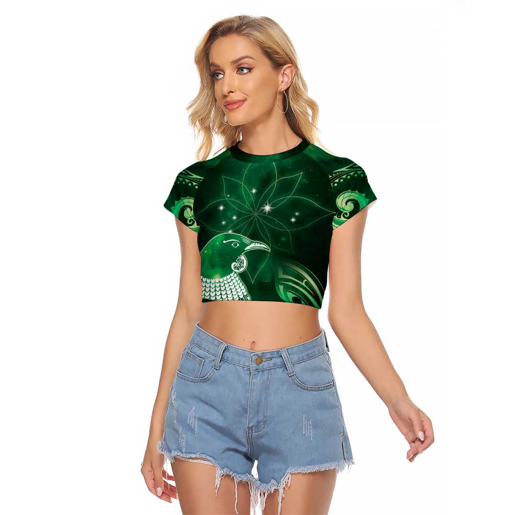 New Zealand Matariki Raglan Cropped T Shirt Maori Tui Bird Green Galaxy DT05 Female Green - Polynesian Pride