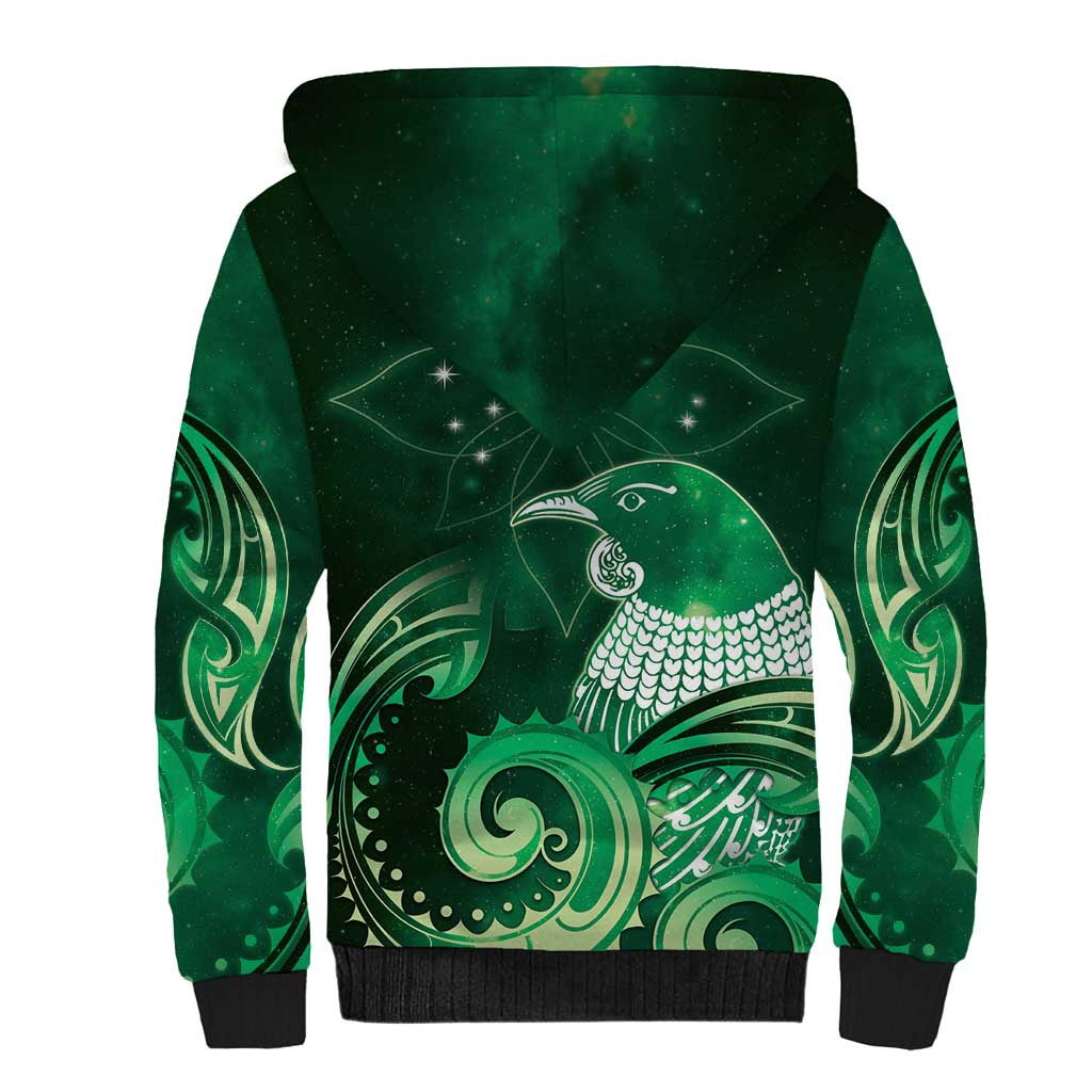 New Zealand Matariki Sherpa Hoodie Maori Tui Bird Green Galaxy DT05 - Polynesian Pride