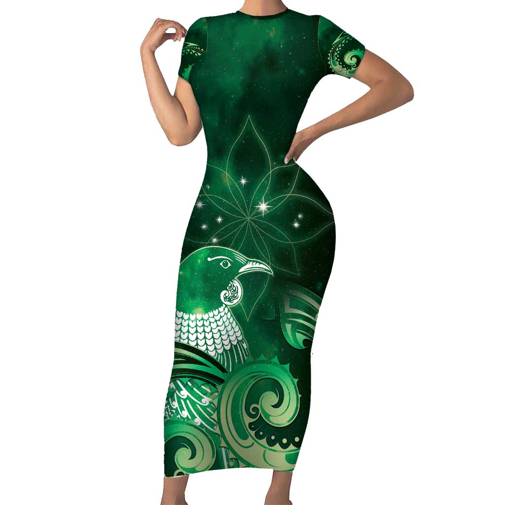 New Zealand Matariki Short Sleeve Bodycon Dress Maori Tui Bird Green Galaxy DT05 Long Dress Green - Polynesian Pride