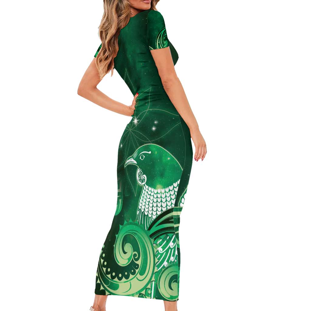 New Zealand Matariki Short Sleeve Bodycon Dress Maori Tui Bird Green Galaxy DT05 - Polynesian Pride