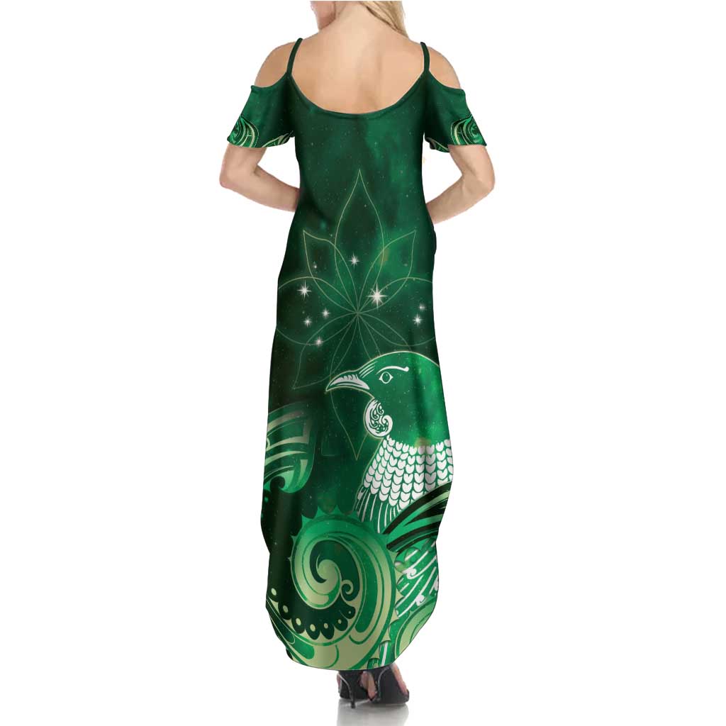 New Zealand Matariki Summer Maxi Dress Maori Tui Bird Green Galaxy DT05 - Polynesian Pride