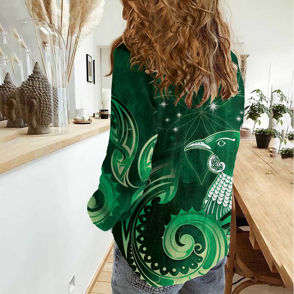 New Zealand Matariki Women Casual Shirt Maori Tui Bird Green Galaxy