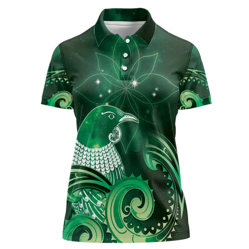 New Zealand Matariki Women Polo Shirt Maori Tui Bird Green Galaxy DT05 Female Green - Polynesian Pride