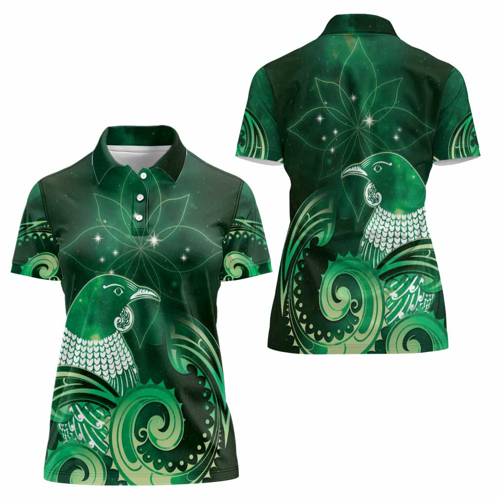 New Zealand Matariki Women Polo Shirt Maori Tui Bird Green Galaxy DT05 - Polynesian Pride