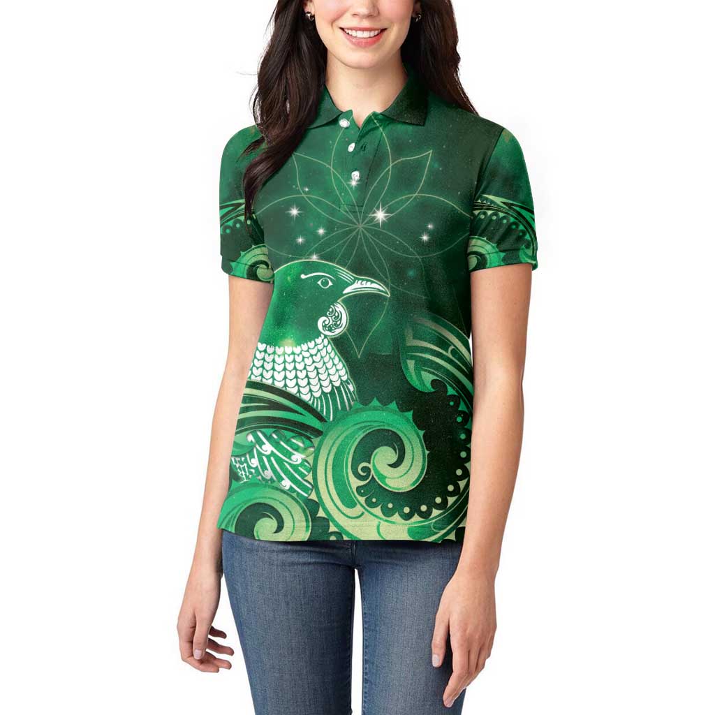 New Zealand Matariki Women Polo Shirt Maori Tui Bird Green Galaxy DT05 - Polynesian Pride