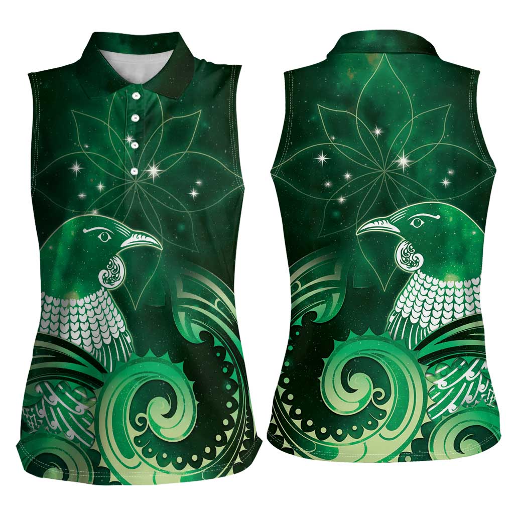 New Zealand Matariki Women Sleeveless Polo Shirt Maori Tui Bird Green Galaxy DT05 - Polynesian Pride