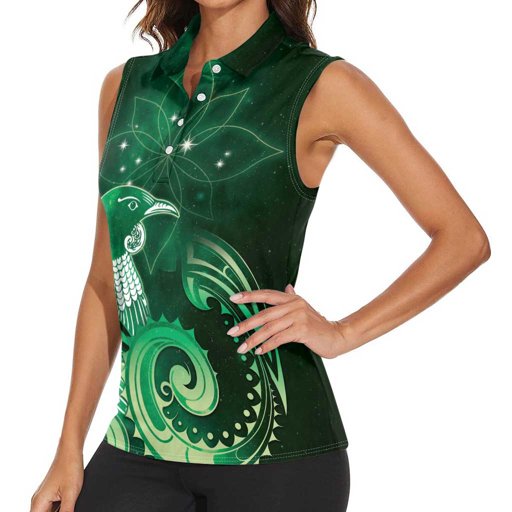 New Zealand Matariki Women Sleeveless Polo Shirt Maori Tui Bird Green Galaxy DT05 - Polynesian Pride