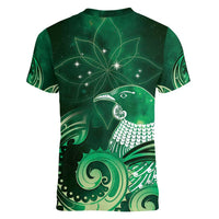 New Zealand Matariki Women V-Neck T-Shirt Maori Tui Bird Green Galaxy DT05 - Polynesian Pride