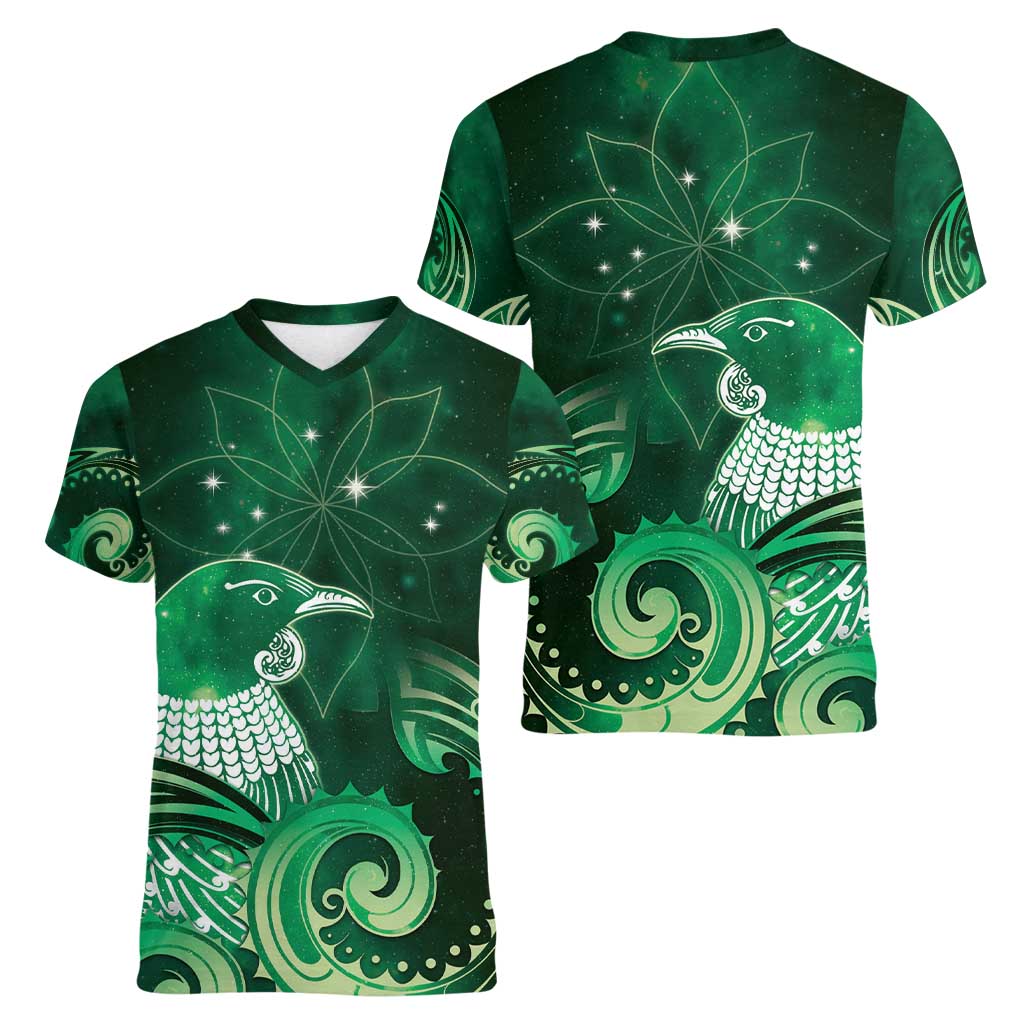 New Zealand Matariki Women V-Neck T-Shirt Maori Tui Bird Green Galaxy DT05 - Polynesian Pride