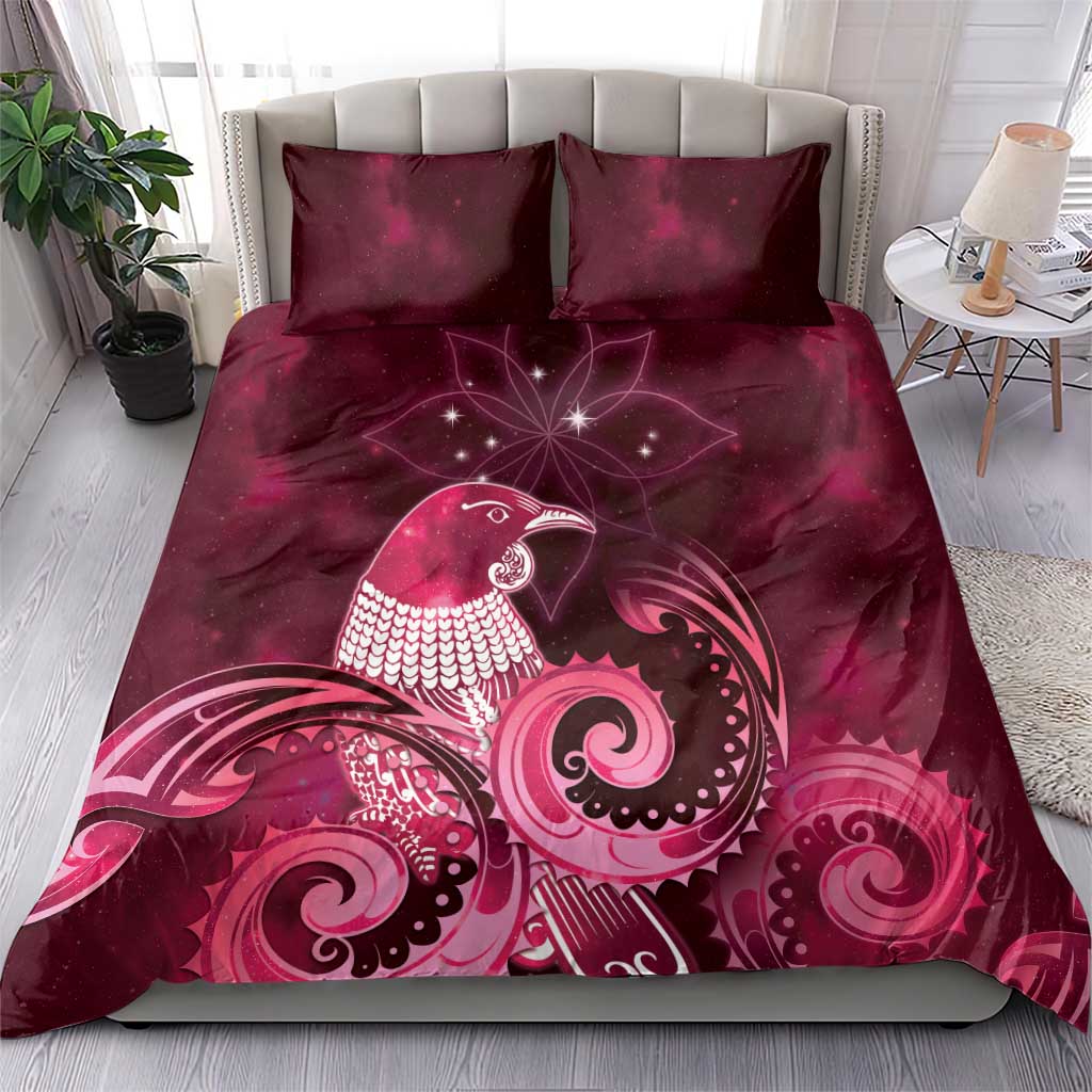 New Zealand Matariki Bedding Set Maori Tui Bird Magenta Galaxy
