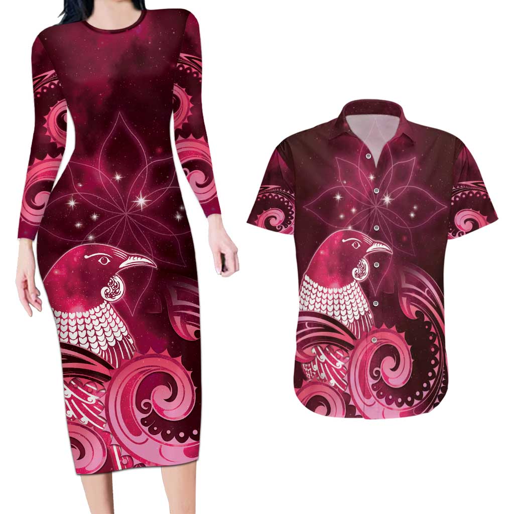 New Zealand Matariki Couples Matching Long Sleeve Bodycon Dress and Hawaiian Shirt Maori Tui Bird Magenta Galaxy DT05 Magenta - Polynesian Pride