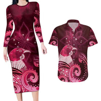 New Zealand Matariki Couples Matching Long Sleeve Bodycon Dress and Hawaiian Shirt Maori Tui Bird Magenta Galaxy DT05 Magenta - Polynesian Pride