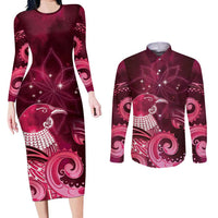 New Zealand Matariki Couples Matching Long Sleeve Bodycon Dress and Long Sleeve Button Shirt Maori Tui Bird Magenta Galaxy DT05 Magenta - Polynesian Pride