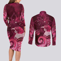 New Zealand Matariki Couples Matching Long Sleeve Bodycon Dress and Long Sleeve Button Shirt Maori Tui Bird Magenta Galaxy DT05 - Polynesian Pride