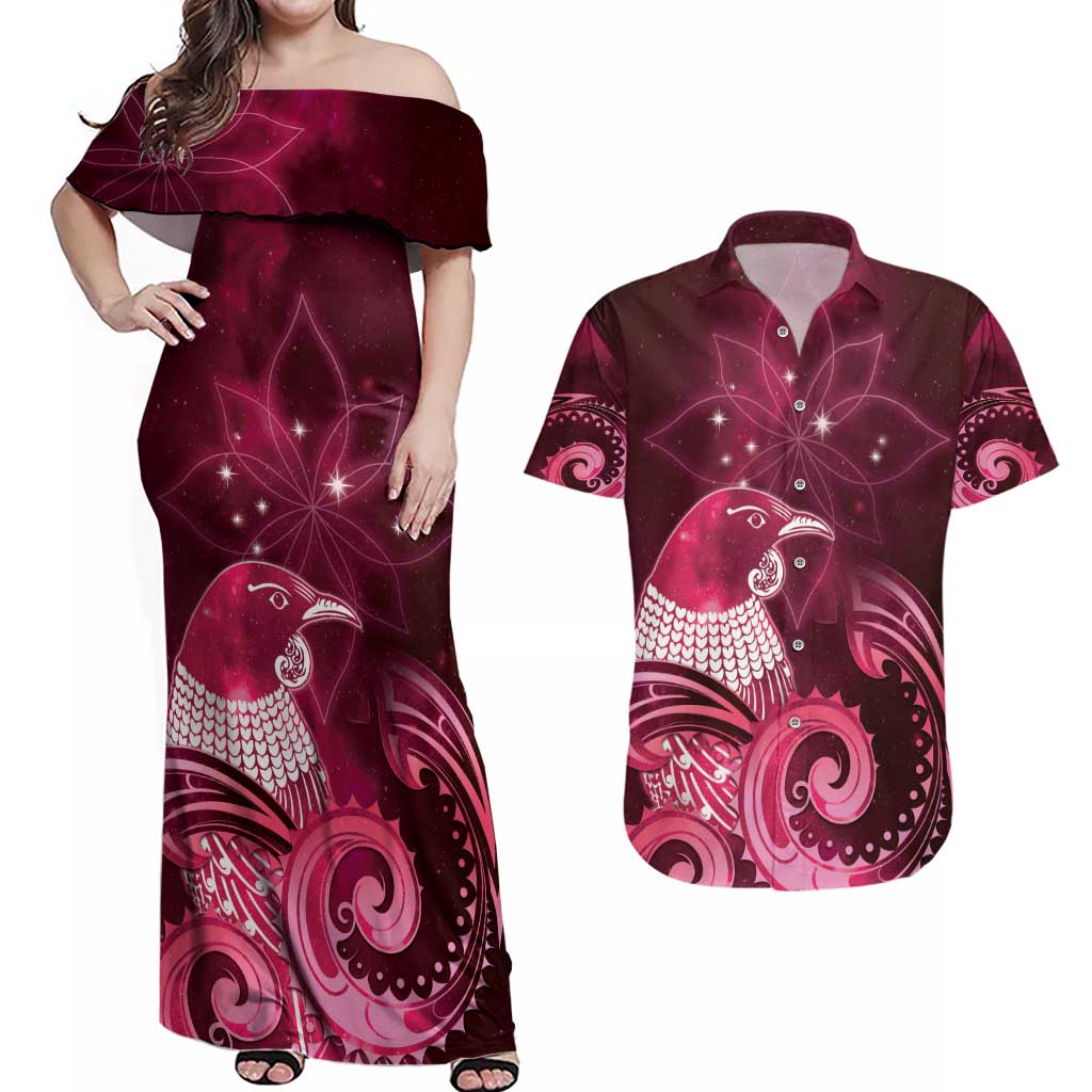 New Zealand Matariki Couples Matching Off Shoulder Maxi Dress and Hawaiian Shirt Maori Tui Bird Magenta Galaxy DT05 Magenta - Polynesian Pride