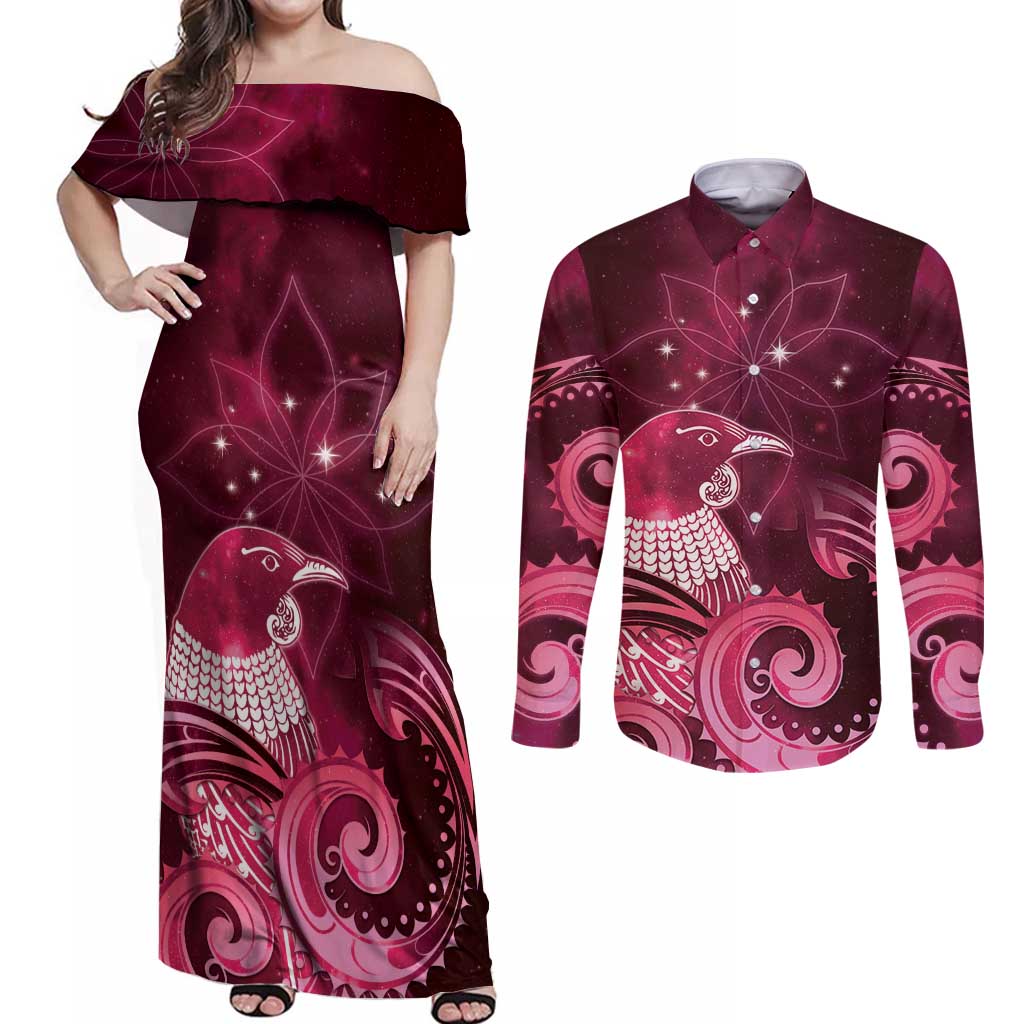 New Zealand Matariki Couples Matching Off Shoulder Maxi Dress and Long Sleeve Button Shirt Maori Tui Bird Magenta Galaxy DT05 Magenta - Polynesian Pride